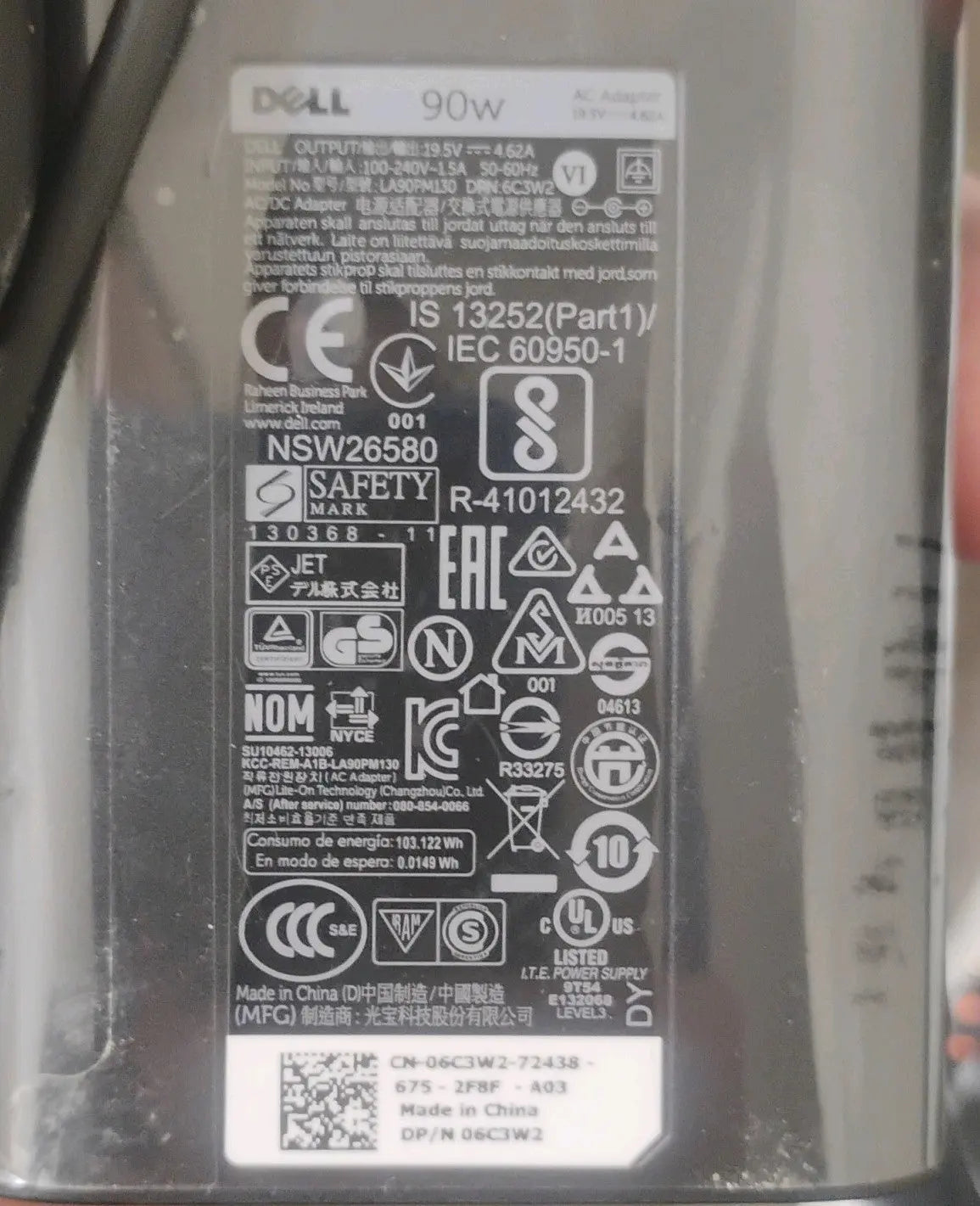 Dell 90W AC Power Adapter 19.5V 4.62A LA90PM130 06C3W2 Latitude TESTED GOOD